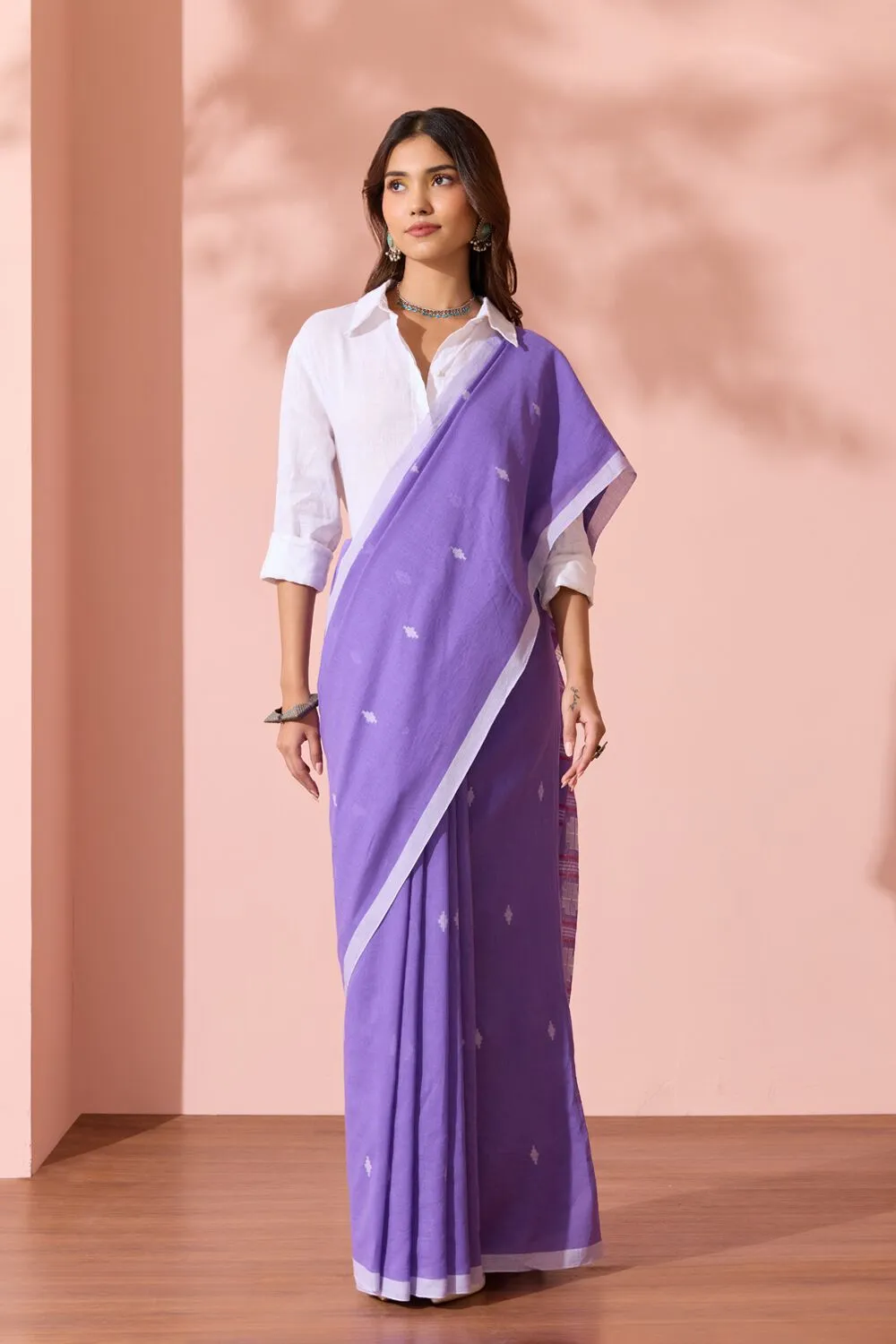 Purple Woven Pure Cotton Bengal Saree with Unstitched Blouse Piece